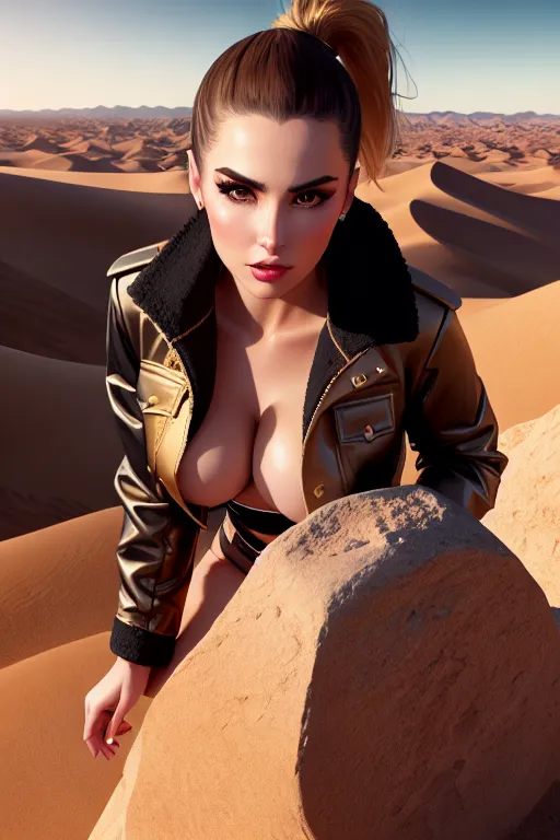 a illustration of,yor forger,wearing jacket,shooting from a high point,in the desert,amazing breasts,five slender fingers,ponytail,beautiful face,beautiful lips,black eyes,curved eyebrows,pale skin,cosy,wearing golden ring,editorial,8k,sharp focus,artstation,surreal