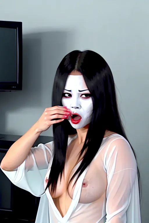 scary face, ghost girl, coming out of tv, sucking cock, wet white see through dirty clothes, staring at camera, all white pupils, selena gomez as sadako yamamura