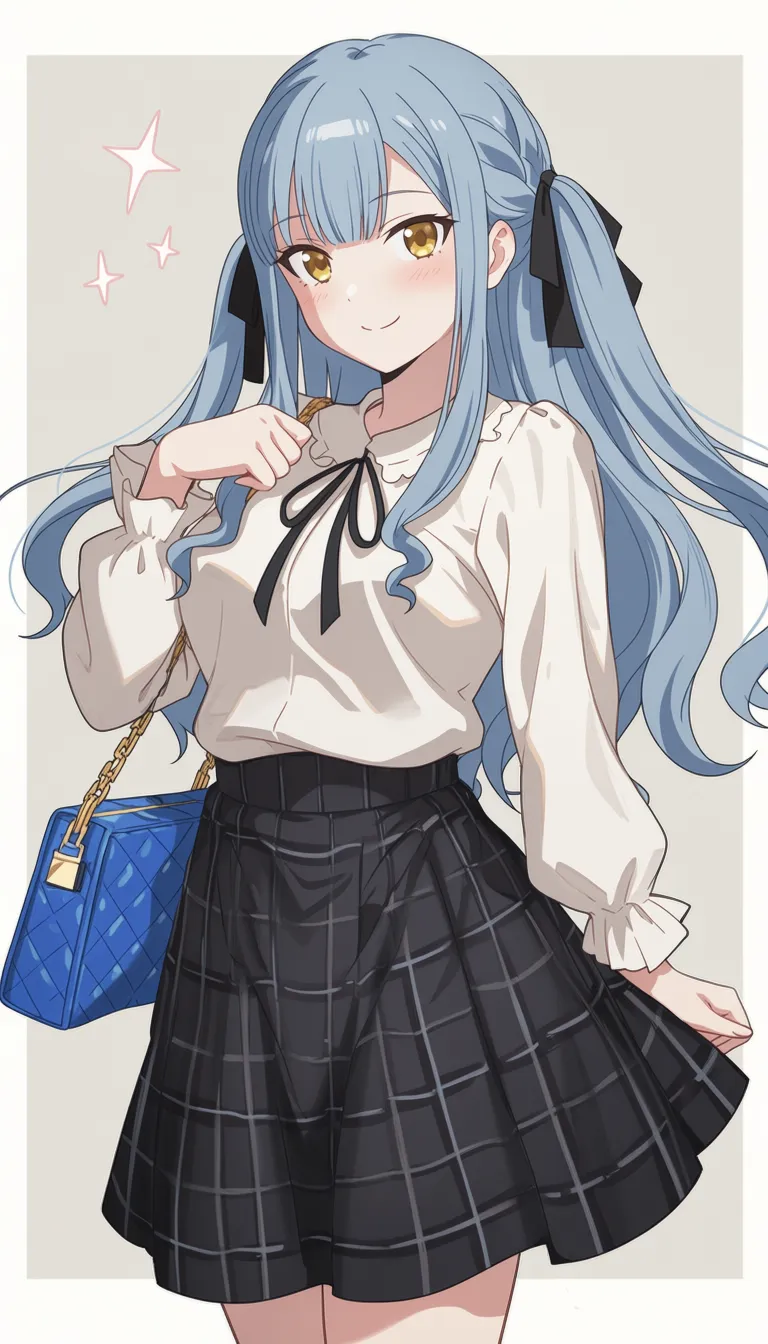 best quality, score_7, score_9, sensitive, very aesthetic, ultra detailed, fair skin, explicit, high contrast, togawa sakiko,1girl,blue long hair,yellow eyes,bag,black ribbon,black plaid skirt,handbag,long sleeves,neck ribbon,plaid clothes,white shirt,looking at viewer,smile,solo,