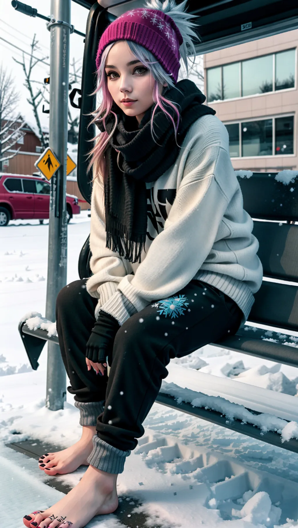 full-body image of a young hot barefoot punk girl with an angular face and long hair wearing casual pants and a long open sweater with a black scarf and gloves while sitting barefoot at a bus stop in winter with snow on the ground and snow between her toes with tattoos on her feet, sexy feet, icy feet, frost feet,