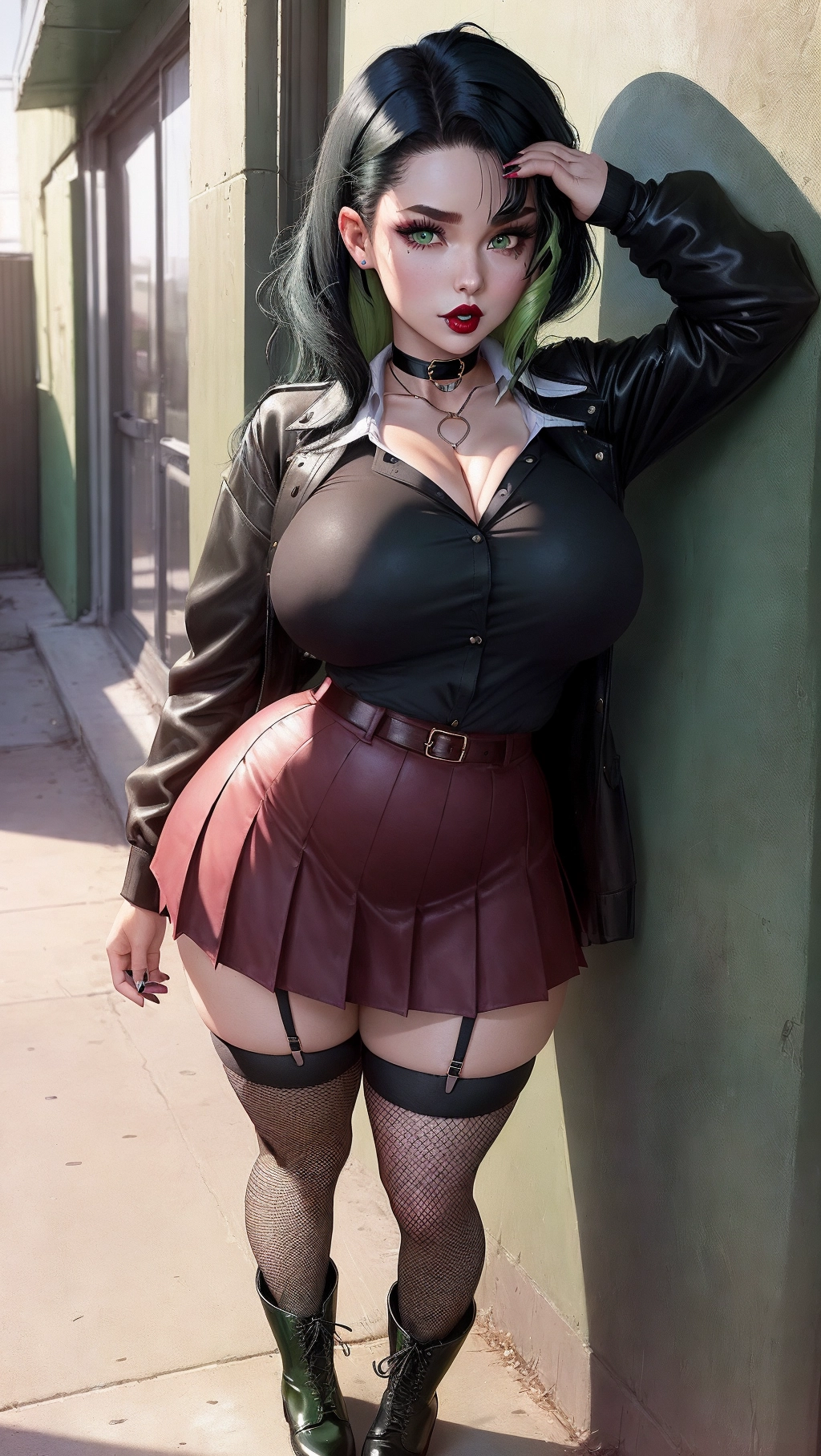 Quinn is wearing the school uniform, but she has tweaked it to her own style. her skirt is shorter than regulations allow, and is wearing fishnet stockings with a pair of badass boots. She has striking green eyes and jet black hair styled in a messy way. Her lipstick is a dark red shade. She has a petite but curvy figure, her breasts straining against her blouse. She is also wearing a choker with a silver ring in the middle, completing her edgy outfit.