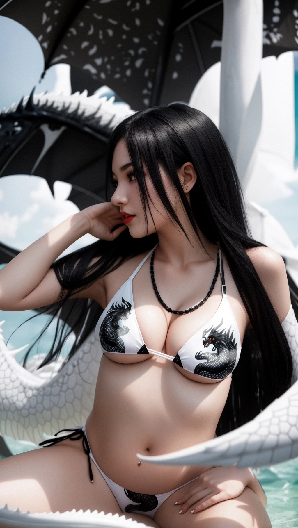 Professional photograph, ultra realistic, model with black hair, medium breast, wearing a white bikini with a black dragon printed on it. see through red shaw,