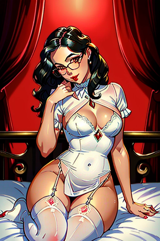 1920s, Beautiful, sexy, aroused, christian, promiscuous housewife, long brunette hair, 20s hair style, round glasses, Alexandria Ocasio-Cortez, full lush red lips, soft and curvy build, small perky breasts, thin waist, thicc ass, full thighs, smooth legs, cute feet, pink scruffled sheer dress, cleavage, cute white 20s undies, cameltoe, thicc hips, laying down on the bed, inviting me to impregnate her, in the bedroom, masturbating, playing with and rubbing her pussy and crotch, dim lighting in the room, beautiful fluffy bed, ((high definition)), ((4k quality)), ((excellent lighting)), ((great shading)), ((pristine detail)), ((really clear picture)), ((beautiful vibrant colors)), ((accurate at lower prompt guidence)), ((ultra realistic)), (((five fingers per hand))), (((two arms per person))), (((two legs per person))), (((two hands per person))), (((two feet per person))), ((((100 percent according to prompt))))