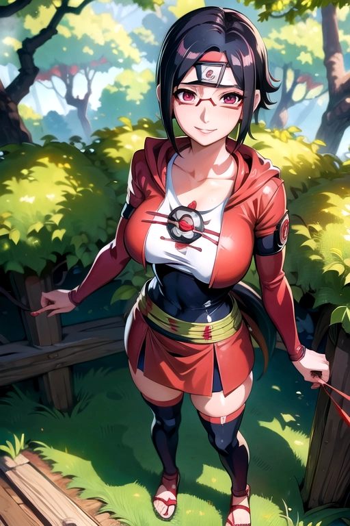 (((Sarada Uchiha))) as a hot young woman, looking at viewer, adult woman, ((sharingan eyes)),
full body view, natural lighting, , (masterpiece), UHD, 4k, highly detailed,
standing in a forest, under a tree, smiling