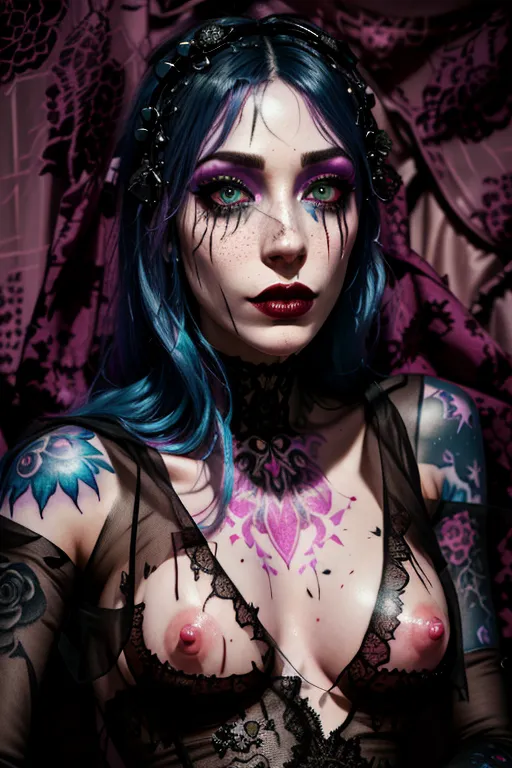<ti:SadSin2VH> <lora:OpenJourney-LORA:0.5> <lora:big-head:0.5> big head doll cute slender skinny anorexic college girl sensual and erotic photography, topless pale nipples in frame, sheer black long sleeves with colorful intricate floral lace, nudity, very pale lavender lipstick, nipples, topless, emo girl with cat ears, mesmerizing eyes, freckles, neon tattoos, on a bed totally naked and nude spreading her legs, proportionally sized boobs, gothic decorated, pink wet pussy, cute feet, blue hair, pink nails, no bra no panties, blade runner aesthetic, pretty face, messy makeup, messy hair, highly detailed background, realism masterpiece, confident, lustful, crazy, nymphomaniac, stunning, slender, armpit hair, heavenly lips, pink nipples, shadman style, shadman, dramatic lighting, shy, embarrassed, extremely beautiful and cute emo girl, highest resolution, dpmg_runny_makeup_v1, professional photography, Cinestill 800T Canon 5D DSLR, neon ray tracing,