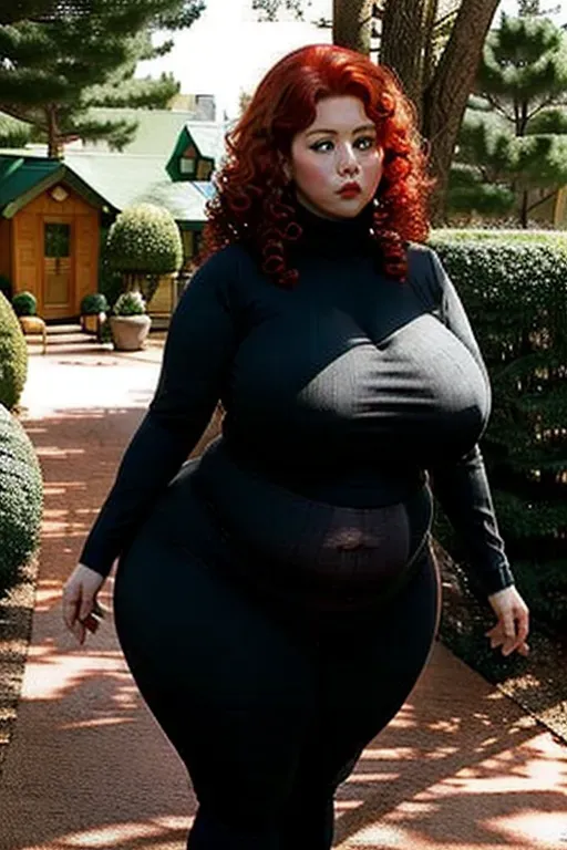 An extremely fat redheaded milf with curly hair wearing a turtleneck sweater and yoga pants, with plump red lips and a belly that sags to her knees, extremely thick thighs, tree-trunk thick thighs, huge sagging breasts, obese, morbidly obese, extremely wide and thick proportions, unrealistically busty, unrealistically thick, cartoonishly wide and fat, <lora:dpmg_spitroast:1>