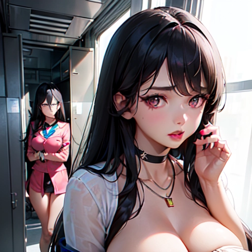 photorealistic, 8k, accurate face, (((detailed face))), (((replicate inspiration face))), full figure shot, shining eyes, female face, cute, 21 years old gorgeous, luxuriously long black hair, lipstick, bangs, large breasts, choker, necklace, pendant,
wearing pink stewardess outfit, in locker room,