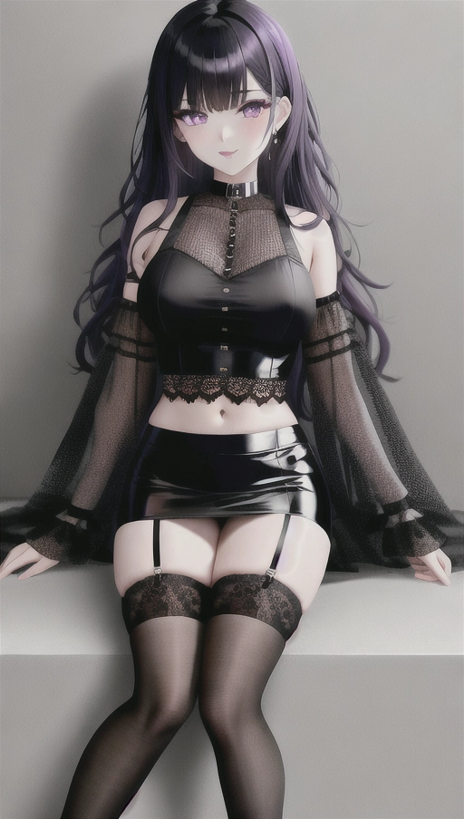 best quality, high details, full body visible, wide shot, goth girl, black lace crop top, black lace mini skirt, black lace thigh highs, goth boots, black hair with violet strands, violet eyes, black eyeshadow, black lipstick