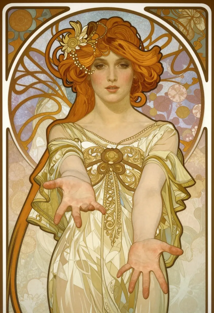 A beautiful thin, waifish, girl reaching out with both hands in a welcoming gesture. Rich art deco style by Alphonse Mucha