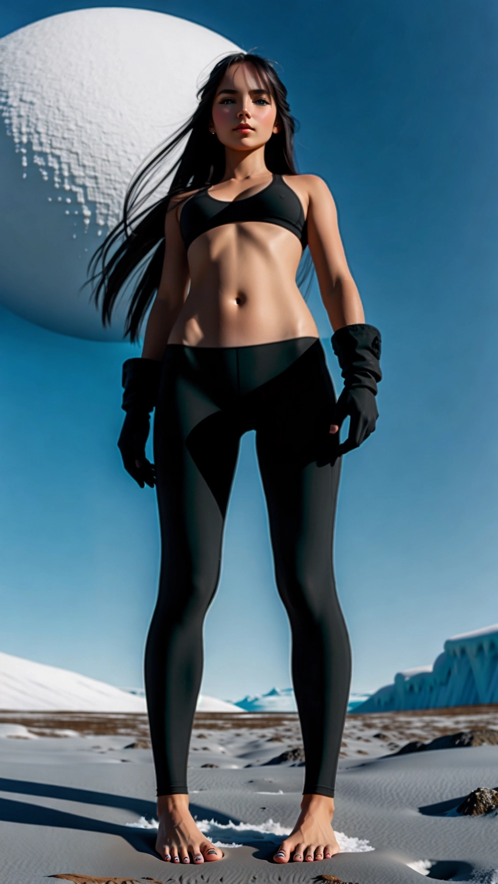 full-body image of a fit tan thin beautiful barefoot German woman with long hair wearing spandex while standing on an icy tundra, (beautiful petite feminine feet: 1.2), (barefoot: 1.3), (wearing long spandex: 1.2), (long dark hair: 1.2), (German woman: 1.3), (icy tundra: 1.3), (black toenails: 1.2), (black gloves: 1.2),