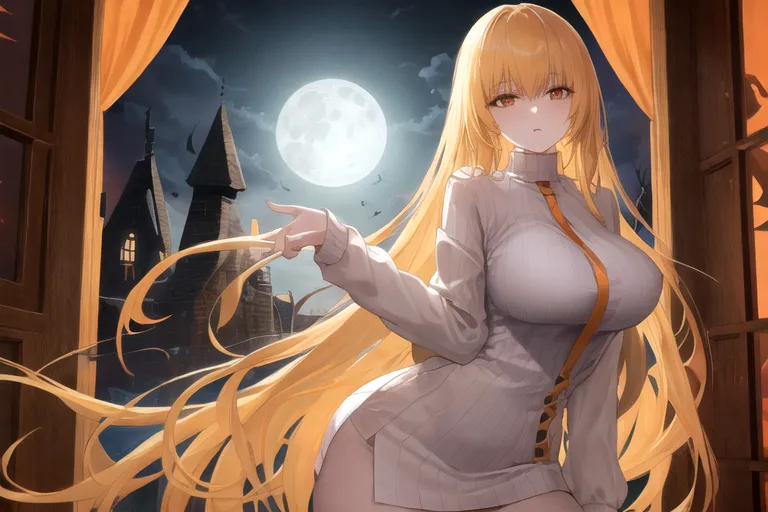 long blonde hair,bangs,light orange sweater,large breasts,haunted house interior,hard nipples,black cat,full moon,scary background,pale skin,slender,tall