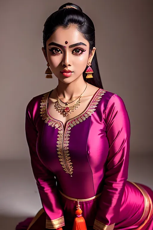 a photograph of,an indian girl,wearing ao dai,all-fours,amazing breasts,five fingers per hand,ponytail,beautiful face,beautiful lips,detailed large eyes,curved eyebrows,pale skin,wearing necklace,professional,editorial,sharp focus,highly detailed,studio lighting