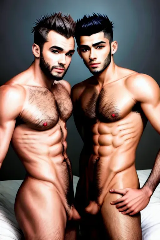 naked, sexy, highly detailed, and accurate photograph, top quality high-resolution Liam Payne and Zayn Malik (((both are perfect renderings, both fully nude with body hair, both have male penises leaking precum))), fully nude, full body, more than friends, homosexual, realistic, passionate deep tongue kissing, aged up, lying on the bed, ((((highly detailed male anatomy penises dripping precum)))) sweating, ((((photorealistic)))), textured skin, beautiful aesthetic, bruce Webber, artistic