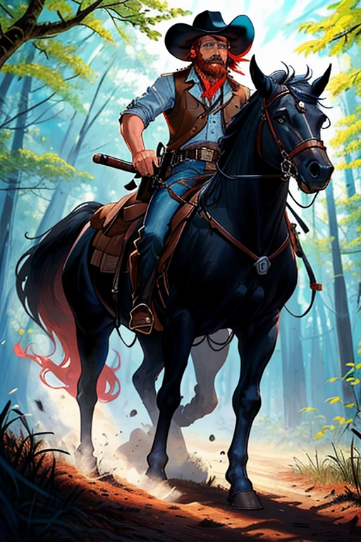 Old wild west, A badass cowboy riding his badass horse, US Marshall, former confederate army officer from Georgia C.S.A , black cowboy hat with white band and a feather, red hair, red beard, sharp blue eyes, gritting teeth, strong chin, a scar across his face, strong build, black cowboy outfit, long brown trench coat, black boot cut pants, two six shooter revolver pistols, one pistol is drawn, the other pistol is in the holster, two gun holsters, gun belt with bullets line in, black cowboy boots with spurs, riding in the saddle of his black horse, large mean black stallion, jeweled stirrups, in the forest, fending of a pack of wolves, ((high definition)), ((4k quality)), ((excellent lighting)), ((great shading)), ((pristine detail)), ((really clear picture)), ((beautiful vibrant colors)), ((accurate at lower prompt guidence)), ((ultra realistic)), (((five fingers per hand))), (((two arms per person))), (((two legs per person))),