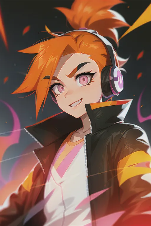 sam yang,1person ,gender neutral androgynous ,orange colored messy mullet hairstyle with pink sweatband ,combustion bending third eye between eyebrows on head, wavey eye lines coming from third eye, fairy pokemon trainer , orange long striped coat with yellow inner shirt , orange starry eyes star shaped eyes , very excited expression , black and white scarf checkered around neck, future visor and headphones on orange colored, chibi tron inspired future clothing, dj equipment booth ,fire and flames of ddestruction in background ((masterpiece)) <lora:dpmg_sam_yang:1>