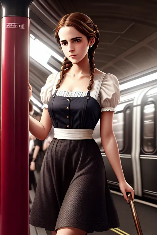 a color pencil draw of,emma watson,wearing maid clothes,in the london underground,amazing breasts,five slender fingers,braids hair,beautiful face,beautiful lips,curved eyebrows,curved eyelid,textured skin,peaceful,highly detailed,cgsociety,cinematic lighting,surreal,editorial