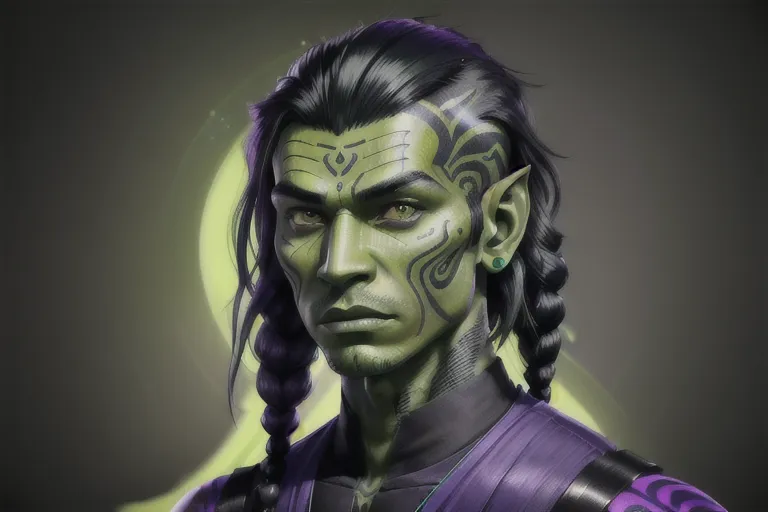 Mirialan, male, (((green skin))), black tribal tattoos, long black hair, purple eyes, cheerful, gray shirt, gray pants, futuristic clothing, alien, sfw, headshot, masterpiece, absurdres, ((((solo focus)))), 8k, perfect edges, ultra realistic, perfect anatomy, low light, perfect face, fine details, realistic shaded, photoshoot, male