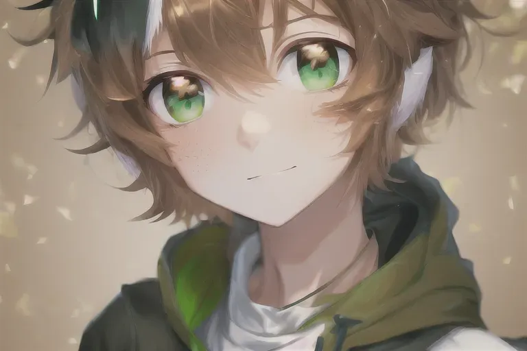high quality, detailed, anime boy, brown hair, green eyes, short sleeve hoodie over long sleeve shirt, capris, wolf ears on head, fluffy ears, fluffy tail, adventurer, Isekai, innocent, cinnamon roll, full body reference, character sheet,