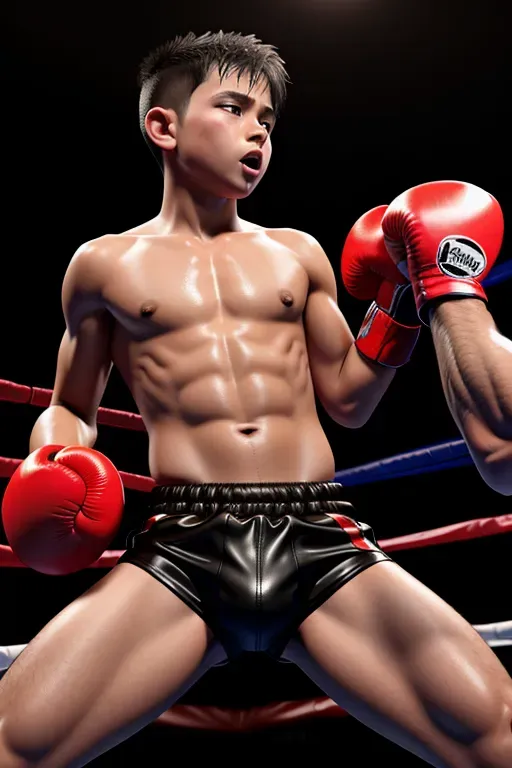 Full body little boy with a aroused expression in a g-string thong and boxing gloves, bedroom, cartoon network, 4k, vibrant colors, trending on deviantart , trends in artstation, high details, sweaty and bruised, sweat, bruised, bulge, wounded, blood, bleeding, punched in the face, getting hit