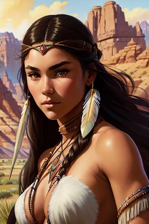 mdjrny-v4 style portrait photograph of Madison Beer as Pocahontas, young beautiful native american woman, perfect symmetrical face, feather jewelry, traditional handmade dress, armed female hunter warrior, (((wild west))) environment, Utah landscape, ultra realistic, concept art, elegant, ((intricate)), ((highly detailed)), depth of field, ((professionally color graded)), 8k, art by artgerm and greg rutkowski and alphonse mucha