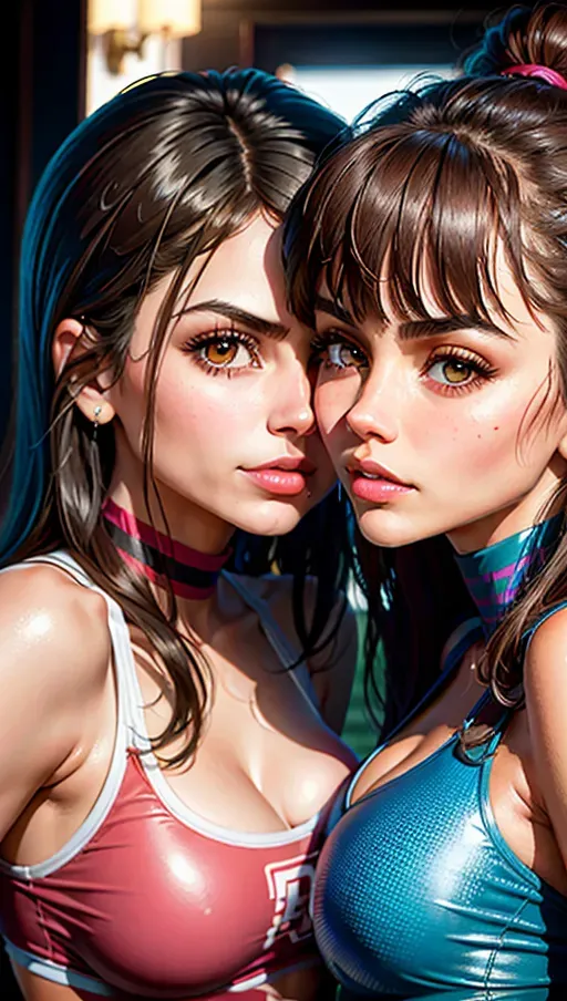 2 girls, best quality, (((ultra high res))), (detailed face and eyes), ((Victoria Justice and Kylie Jenner kissing)), ((face closeup)), single, perfect breasts, giant tits