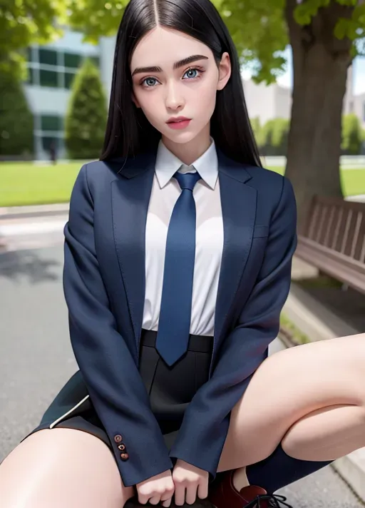 a highly detailed photo of, black hair, blue eyes, pale skin, ((detailed hair features)),((detailed facial features)),((detailed body features)),a highly detailed photo of, best quality, ultra-hd, 8k resolution, 18 years old, light skin, beautiful face, perfect body, big rounded eyes, beautiful red lips, inocent face, highly detailed face, curved eyebrows, inocent face, correct anatomy, 8k, insanely beautiful, ultrarealistic, five fingers per hand, non nunde,((detailed arms features)),(textured skin),((beautiful lips)),((highly detailed)),((8k resolution photo shot)), schoolgirl uniform, tie, micro skirt, upskirt, sneakers, spreading legs, at the school, perfect body, small waist, full body, skinny body, morning, cinematic lighting, long shot, wide shot, full shot