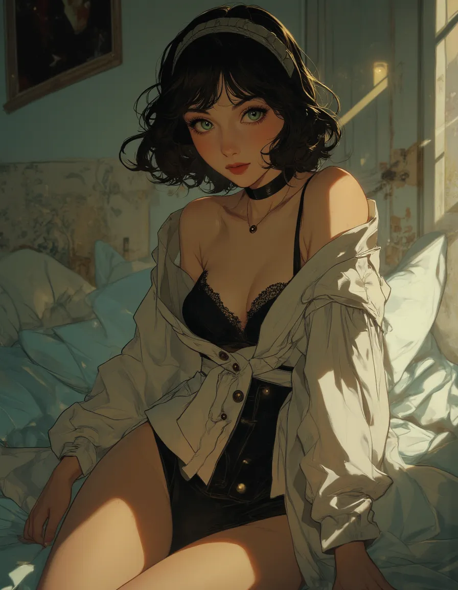 Anime-inspired image of a 21-year-old woman, medium-length black hair, side bangs, captivating blue eyes, toned physique, medium bust in disarrayed maid outfit. Unbuttoned shirt reveals black lace underwear. Arms out, shy gaze towards the viewer. Soft, ambient light, focus on satin sheets, delicate undergarment details, subtle skin texture.