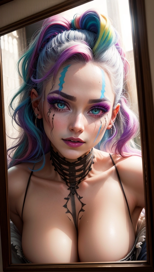 1 digital professional photograph,
1 beautiful ((harlequin)) woman 19 ((cleans her ((white and rainbow makeup:1.3)) from her face)) in her (cramped:1.2) old trailer, wavy (purple:0.3) hair, she is sat besides a mirror, her (((unlaced:1.6))) ((opened:1.4)) dress (exposes her natural breast:1.3), ultra detailed (shiny:1.2) green eyes, beautiful red lips, ((((makeup:1.2) on 1 cheek))) ((((makeup:1.3) on neck))) ((((makeup:1.3) on 1 eye))),<lora:dpmg_add_detail:0.6>, ((dpmg_runny_makeup_v1:0.6)), ((close-up:1.3)), ((looking away)), exhausted smile, large areola, medieval fantasy, breast exposed, small cramped wood window in background, broken mirror besides, soft light with dust flowing through the old window,
cinematic lighting, cinematic composition, UHD, HDR, vivid colours, photon mapping, (highest quality:1.8), highest resolution, (photorealist:1.72), (photorealism:1.72), (masterpiece:1.18), --s 250 --v 6