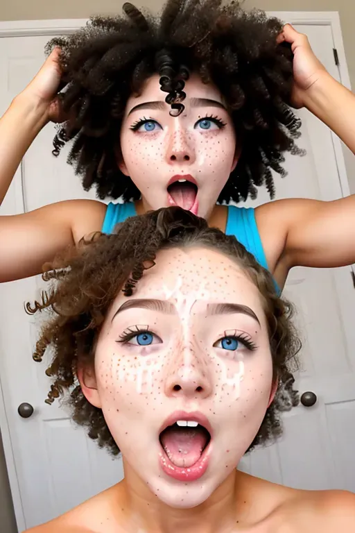 Freckles, ahegao, cum over face, curly hair