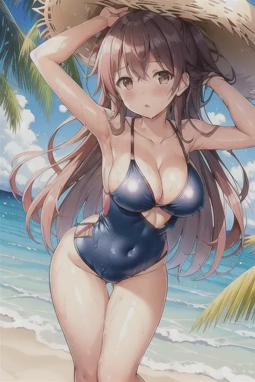 1girl, swimsuit, breasts, breasts, bare shoulders, outdoors, beach, sunlight, collarbone, one-piece swimsuit, blush, looking at viewer, navel, tight, athletic, arms, perfect body, parted lips, wet, long hair, straight hair, thighs