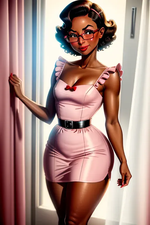 1950s Housewife, milf, in her 30s, petite, small breasts, thin waist, petite thighs, thick ass, filthy un-wiped anus, small feet, standing, bottomless, throbbing pussy, aroused clit, dark skin african race, medium hair, thick eyebrows, wide brown eyes, glasses, small nose, strong cheek bones, soft cheeks, red full lips, in pleasure, pink dress, pink panties, submissive, shy, weak, holding a Bible, 1950s, high definition, great lighting, 4k quality.