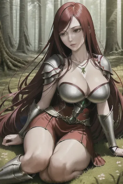 a digital art of,a erza scarlet, in armor,kneeing,in the forest,natural breasts,five fingers per hand,long hair,charming face,beautiful lips,brown eyes,curved eyebrows,curved eyelid,smooth skin,peaceful,wearing necklace,unreal engine,highly detailed,cgsociety,surreal,ultra realistic, flying, (bloody wounds),