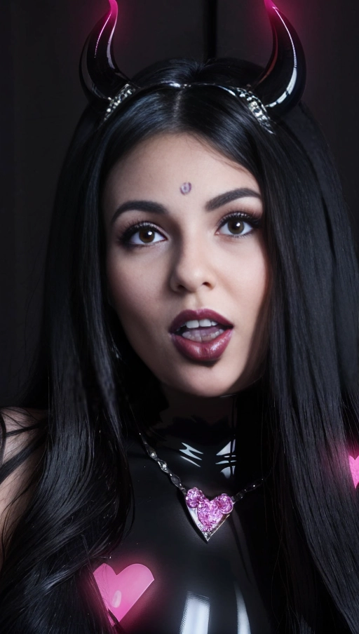 best quality, (((ultra high res))), (((detailed face and eyes))), ((perfect face)), (big shining heart choker), earrings, jewelry, (conjuring), witch, ((very long voluminous hair)), ((((black hair)))), ((((black skintight neckholder)))), ((((pink lipstick)))), ((black long sleeves)), ((glowing heart)), (((demon mark))), ((((straight hair)))), (((Kylie Jenner))), (((((very very long black hair))))), (((perfect face and eyes))), (((straight hair))), (black latex suit), ((succubus)), hearts, dark background, (((face closeup))), (((diamond diadem))), (black demon horns), (((ahegao face))), ((((ahegao)))), (((<lora:dpmg_ahegao:1>)))