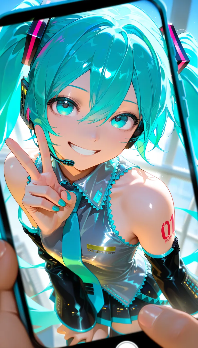 masterpiece, best quality, score_7, absurdres, 1girl, hatsune miku, @ntrmixstyle, twintails, long hair, necktie, detached sleeves, looking at viewer, skirt, v, phone, aqua eyes, aqua necktie, shirt, aqua nails, smile, grey shirt, aqua hair, cellphone photo, sleeveless, cellphone, very long hair, tattoo, holding phone, pleated skirt, bare shoulders, solo focus, hair between eyes, blurry, sleeveless shirt, headset, black skirt, pov hands, pov, hair ornament, smartphone, black sleeves, collared shirt, holding, headphones, number tattoo, cowboy shot, blurry background, tie clip, out of frame, nail polish, 1other, hand up, breasts, depth of field, shoulder tattoo, grin, miniskirt, blue necktie, arm tattoo, solo