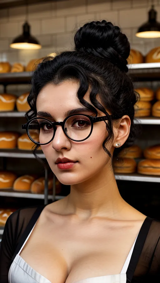 18 years old bakery shop lady, black curly hair in a bun, black metal frame round gasses down on the lower nose, beautiful dark shining eyes, defined cheeks, defined jaw, small, thin chest