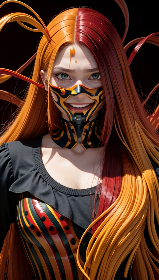 Burgundy red and yellow symbiote, ((hair-raising symbiote)), ((burgundy red and yellow symbiote goo)), (((burgundy red long hair with yellow strands))), ((red and yellow symbiote suit)), (yellow strands), (((((symbiote goo face))))), (((((symbiote goo hair))), ((((symbiote face))))