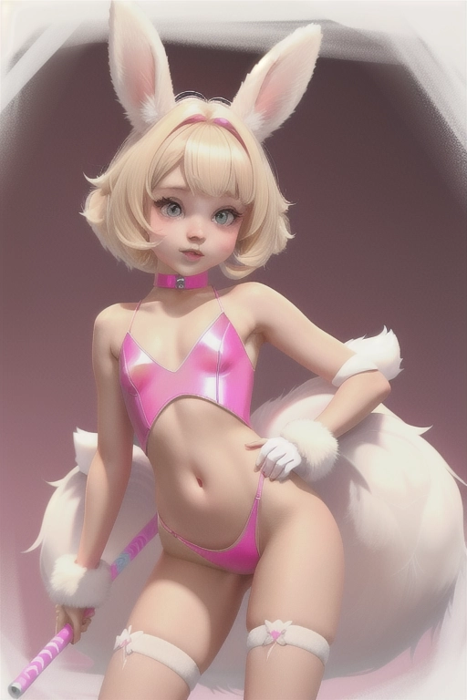a petite, energetic bunny girl, with fluffy white fur and a bright pink nose. She dressed in a revealing club outfit, with her long ears poking up through her short blonde hair.