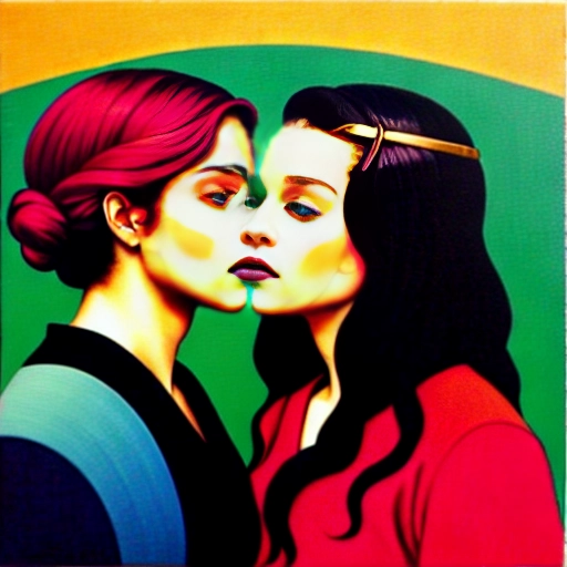Paul Gauguin inspired painting of two women in profile kissing amongst geometric exotic leaves. play negative and positive space to create depth as well as overlaying shapes. oil painting. Colour scheme, dark greens, pink and gold ((Sansa Stark from Season 1)) and ((Daenerys from Season 1)) young topless lesbians