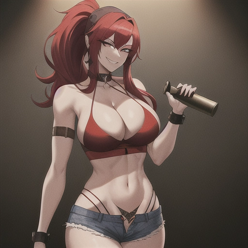 distant shot of a highly detailed slim woman with a sadistic smile with red hair looking back with a bandana and large cleavage and tiny waist and tiny ripped jean shorts and holding a grenade in a bar background