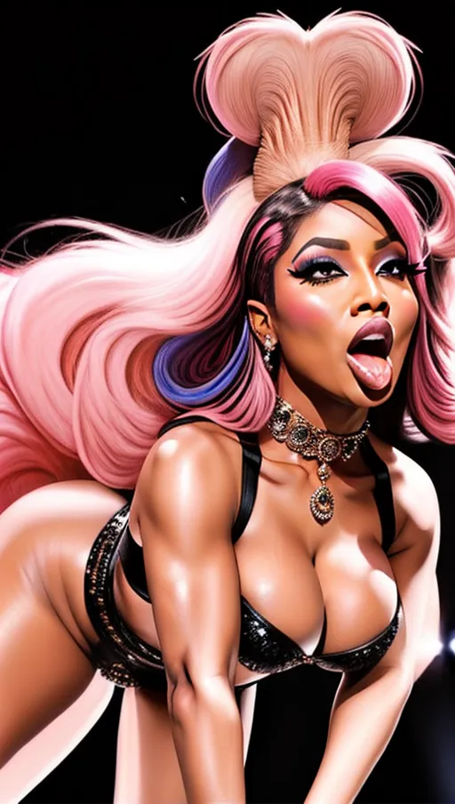 Masterpiece, best quality, Niki Minaj is fucked by orcs while performing on stage, Massive tits, big ass, live performance on stage at night, supermodel, perfect face, detailed facial feature, pink hair, concert spectators cheer as niki Minaj is fucked while singing and performing, cum on tits, cum on face, <lora:dpmg_fucked_from_behind:1>, <lora:dpmg_blowbang:.4>, all cocks are massive and very long, all cocks are green, light show,