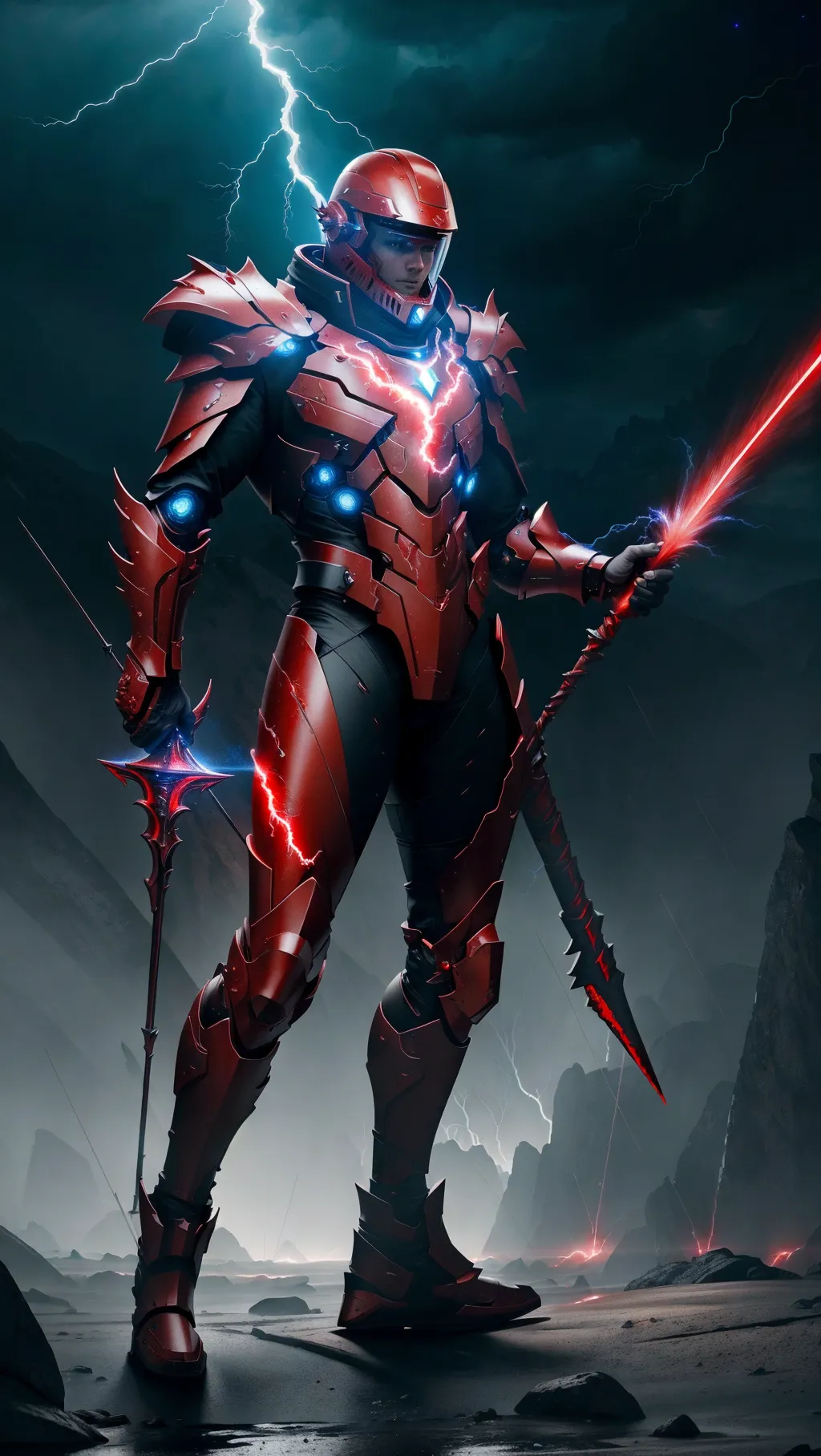 Masterpiece, 8K resolution, high quality, extreme detail, male, male focus, epic, bloody,
A powerful guardian wielding a lighting spear, full body armor, futuristic, space, red lightning, nighttime background, lightning, lightning powers, helmet,