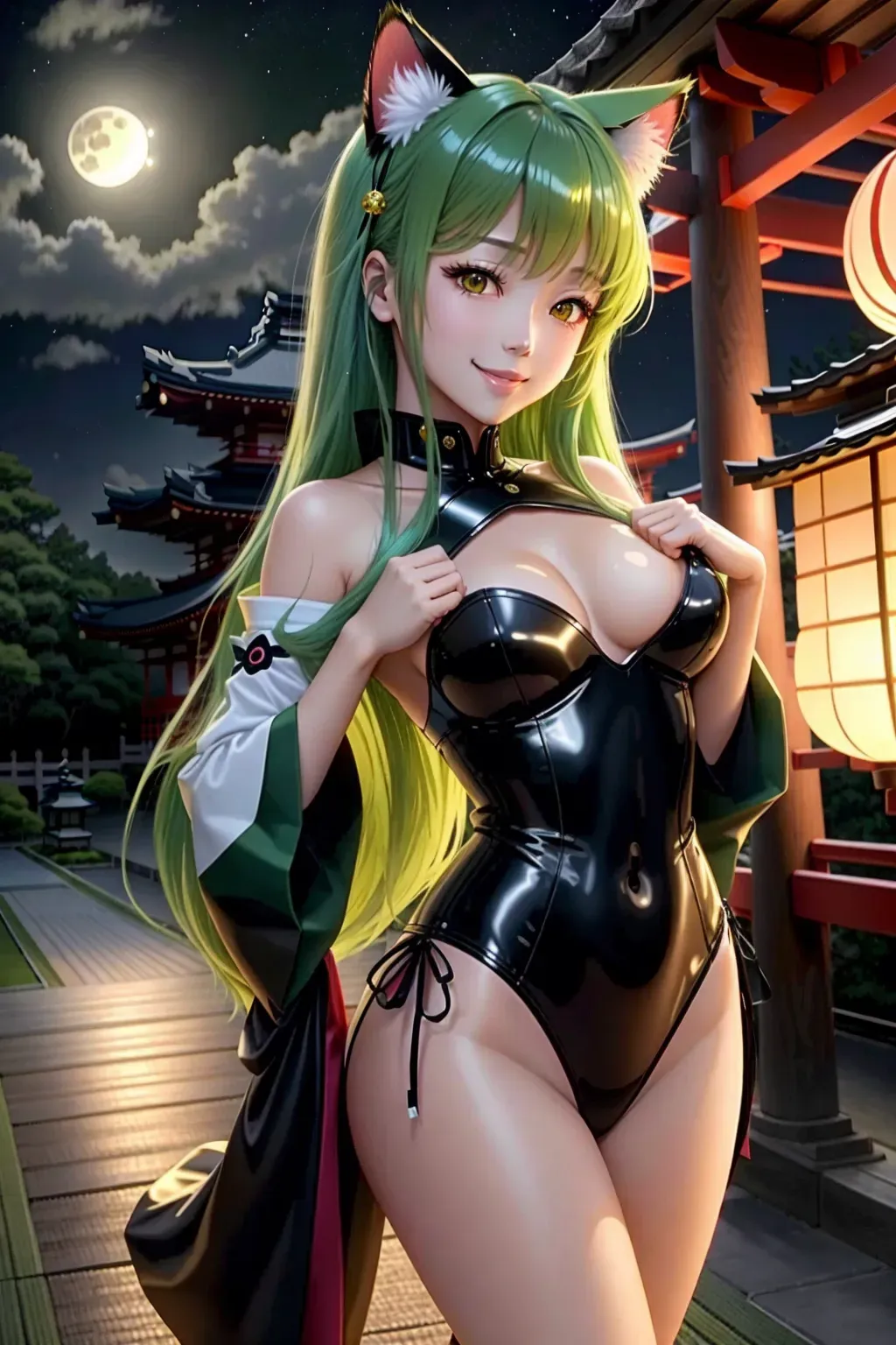 De-blur, sharpen, Normal C2, code geass, (sexy tall narrow body), (sexy normal symmetrical human hands hard fingers), ((normal fast beautiful human orderly parallel hands)), ((fix motion)), (fix human hands fingers), (fix human thumbs), <(HD soft b cup boobs)>, <((long shiny green hair))>, <(cat ears)>, <(yellow eyes)>, <(super happy)>, smile, walking, super smooth tight skin human body, <<masterpiece>>, <<(lora:dpmg_translucent_skin:1)>>, <<(clean line work)>>, <(HD dark shading)>, <(global illumination)>, (mappa studio), <(8K wallpaper background Japanese shrine)>, <(Japanese cherry tree)>, Japanese lantern, cloudy night, lately, slight moon, nighttime, midnight, starry skies, <(portrait)>, <(rule of third)>, (((double pass)))
