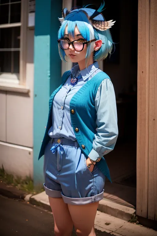 Owl girl, blue hair, 30 years old, conservative
