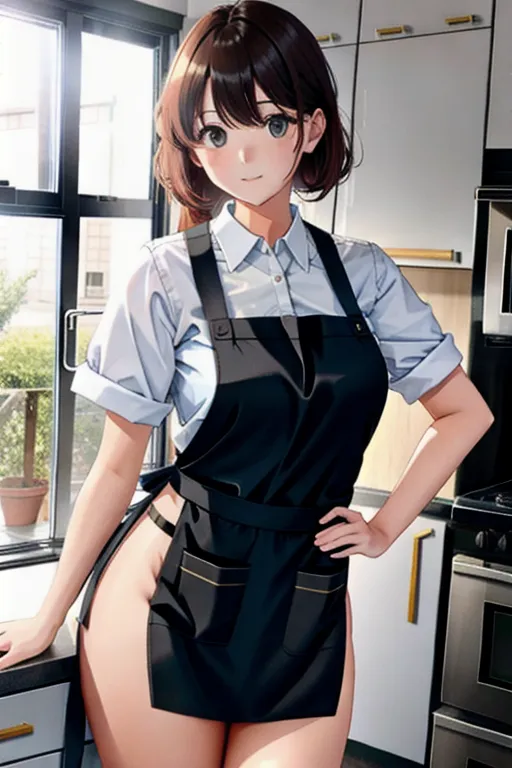 young woman is wearing nothing but apron