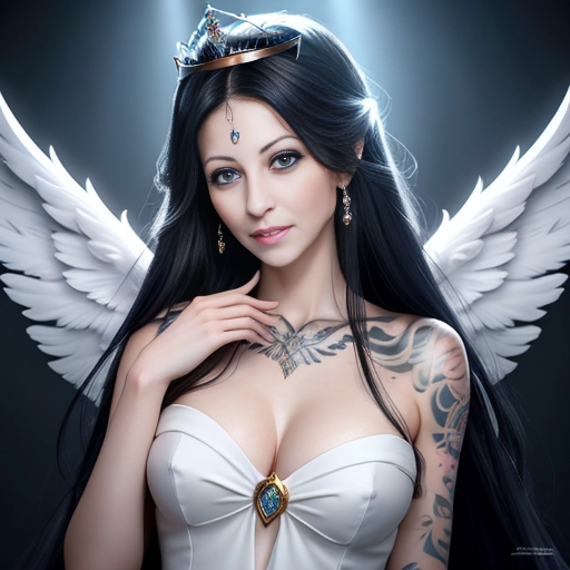 a 8k high detail photo full portrait shot, Female, five slender fingers ,silky hair, Handsome face ,beautiful lips, blue eyes,curved eyebrows,curved eyelid,pale skin,satisfaction,tattoo,ultra realistic,smooth,8k,studio lighting,surreal, Angel Wings, Angelic Lighting, Love, Hope, Magic casting, Crown, Smiling, Queen, happy,