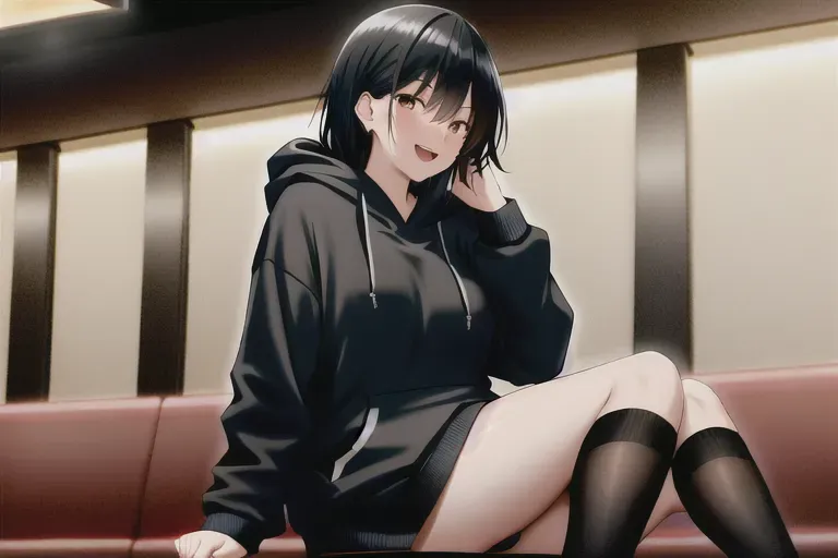 athletic, black hoodie, femdom, street lights, hotel lobby, black hair, short, sitting on face of man, no shoes, laughing, good tone, good anatomy, blue stockings, thick thighs