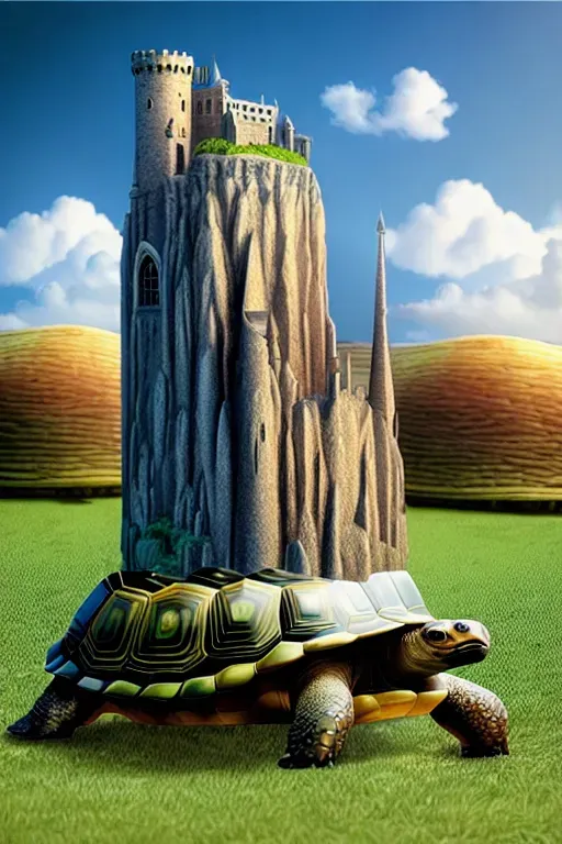 intricate highly detailed photorealistic realistic ultra realistic life-like extremely realistic sharp focus intricate highly detailed giant tortoise with a plateau on top of its shell and a castle on top of the plateau