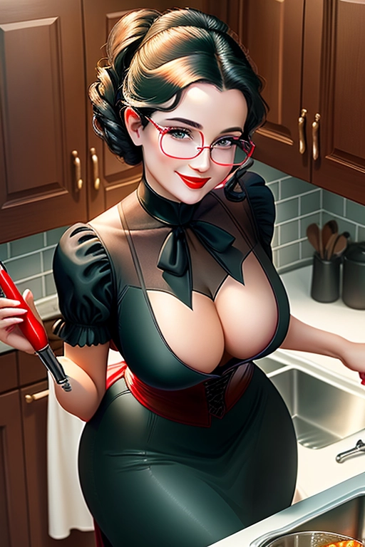 Maleficent dressed as mrs doutfire doing chores in the kitchen, face of angelina joline, Disney princess, dark raven hair, dark green eyes, strong cheeks, full lips, happy smile, curvy, perky breasts, thin waist, public hair, pussy, aroused, high definition, excellent lighting, 4k quality, looking horny, middle age woman, middle age, dominant, sassy, flirty, wearing an apron, kitchen setting, regal allure, glasses, red lipstick, nanny outfit, no sleeves, smiling, glasses,