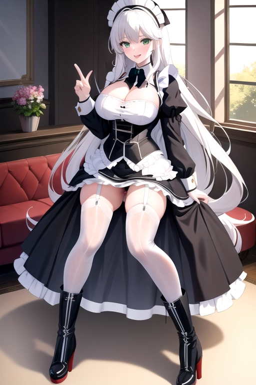 long hair, pale skin, white hair, green eyes, black choker, giant H-cup breasts, wavy hair, white maid uniform, smiling, full body photo, 28 years old, miniskirt, cleavage, high heels, corset, 8k quality, boots, in living room