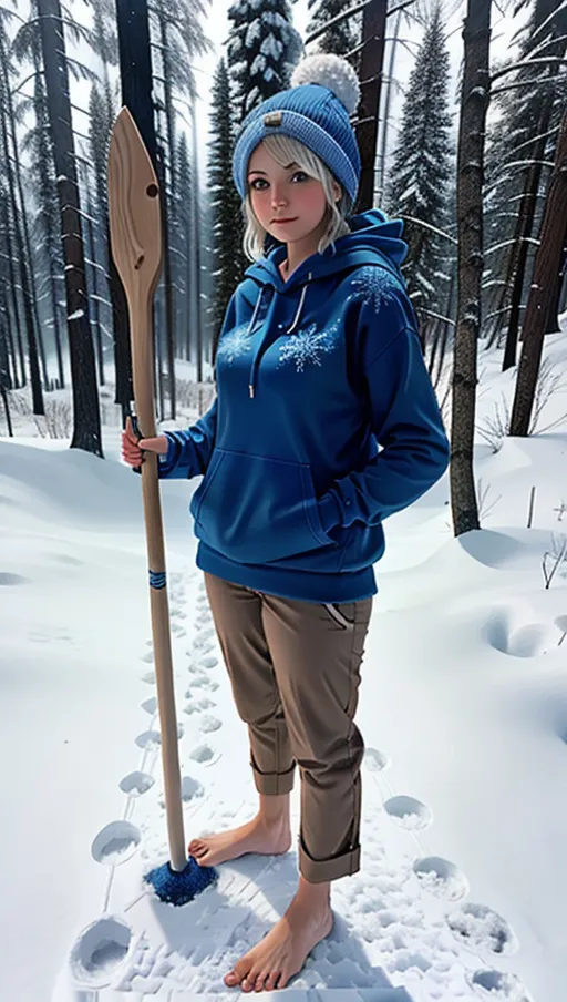 full-body image of a female Jack Frost wearing brown capris pants and a blue hoodie while holding a wooden staff and standing barefoot in the snow, sexy feet, barefoot,